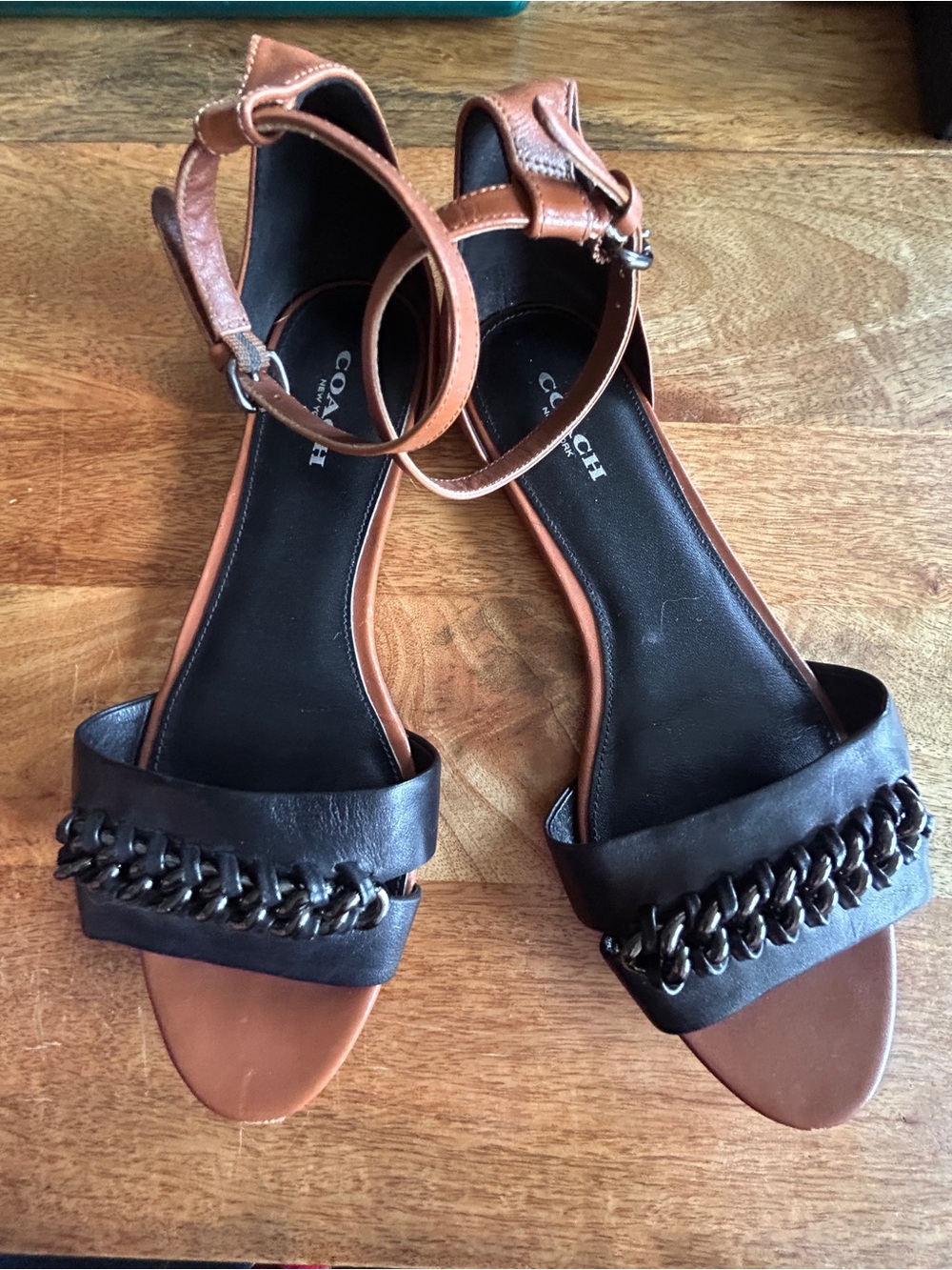 COACH Women's Brown and Black Leather Ankle-Strap Sandals